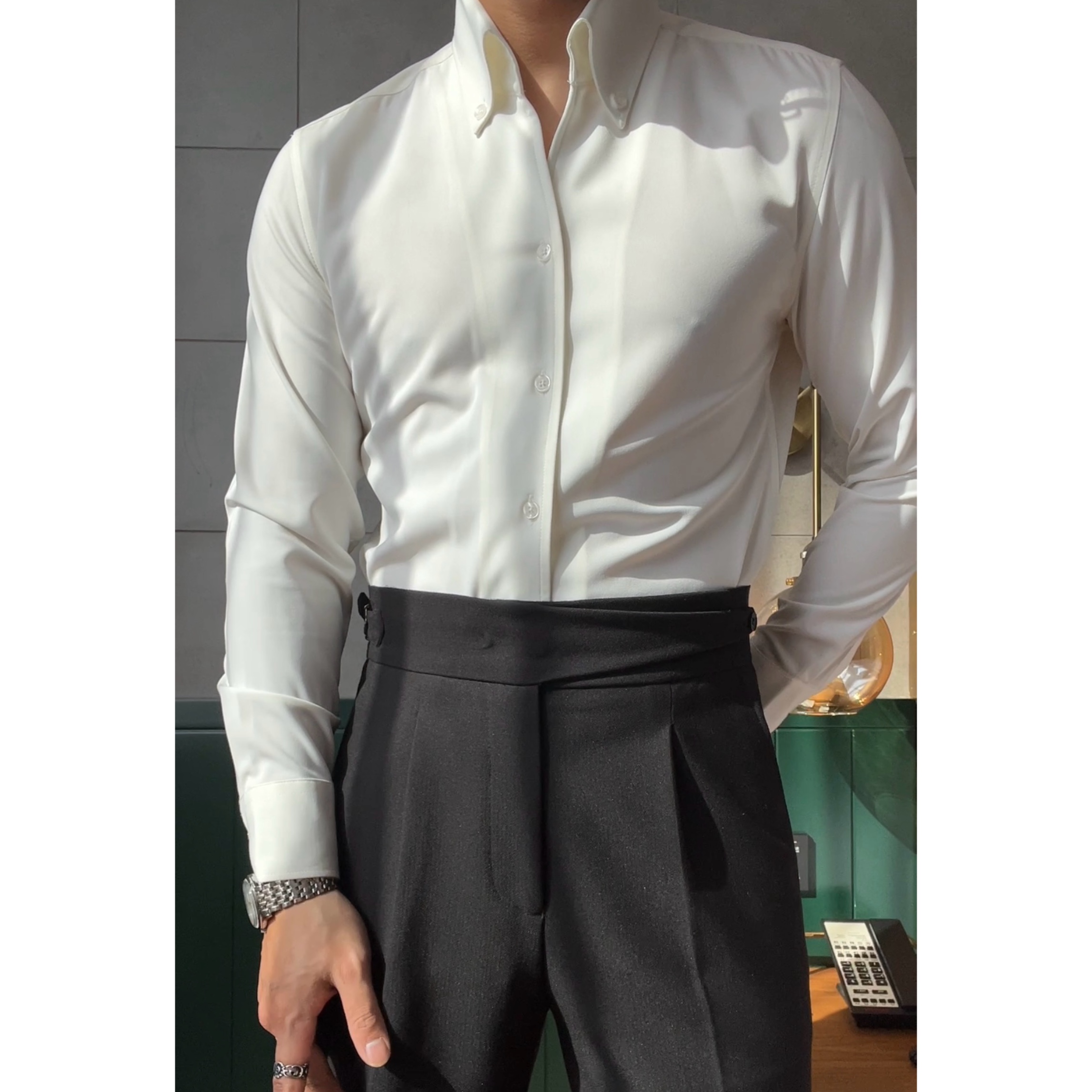 男士修身百搭轻奢正装时尚优雅一片领衬衫半开领免烫长袖036