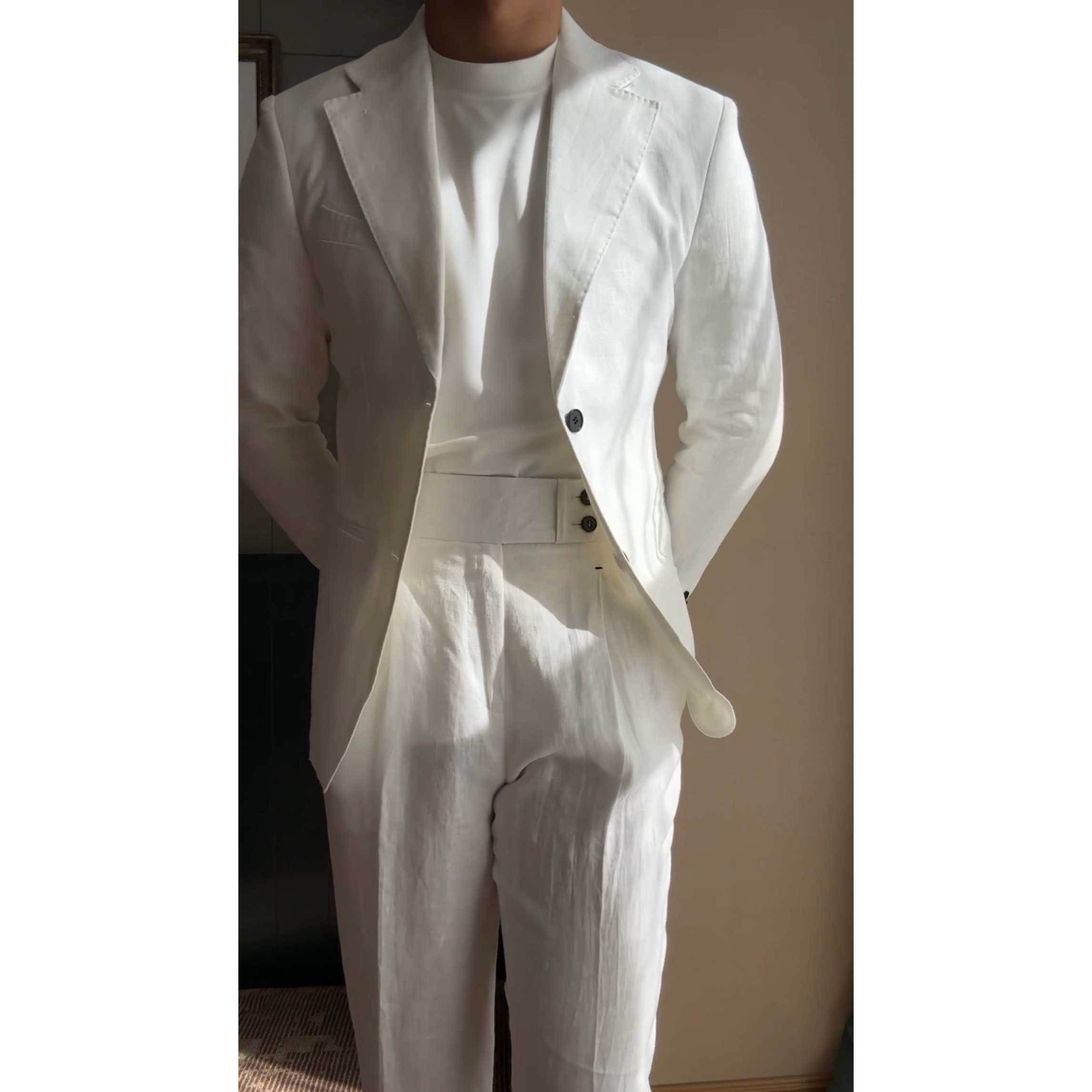 男士休闲时尚修身薄款亚麻半里衬西服套装-672