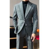 秋冬新款 967 绅士英伦风麦穗纹理混纺平驳领双排扣西服套装