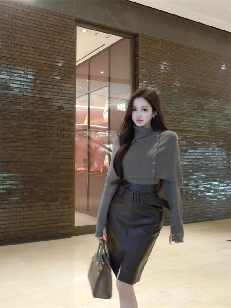 Lazy High-Neck Cape Shawl Layered with Knitted Sweater, Women's Autumn Fashion Set, Pu Leather Bodycon Skirt Three-Piece Set