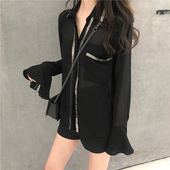 衬衣上衣 薄款 女夏季 喇叭袖 小众长袖 设计感v领中长款 防晒雪纺衬衫