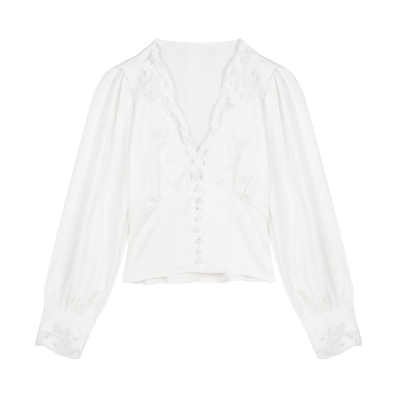 Lace Patchwork shirt women Spring v neck Long sleeves shirt French White acetate Satin Fancy waist top
