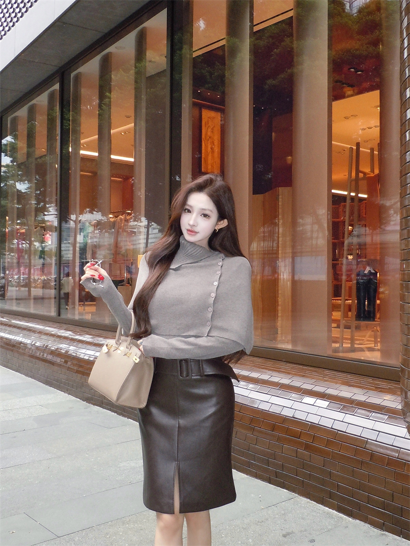Lazy High-Neck Cape Shawl Layered with Knitted Sweater, Women's Autumn Fashion Set, Pu Leather Bodycon Skirt Three-Piece Set