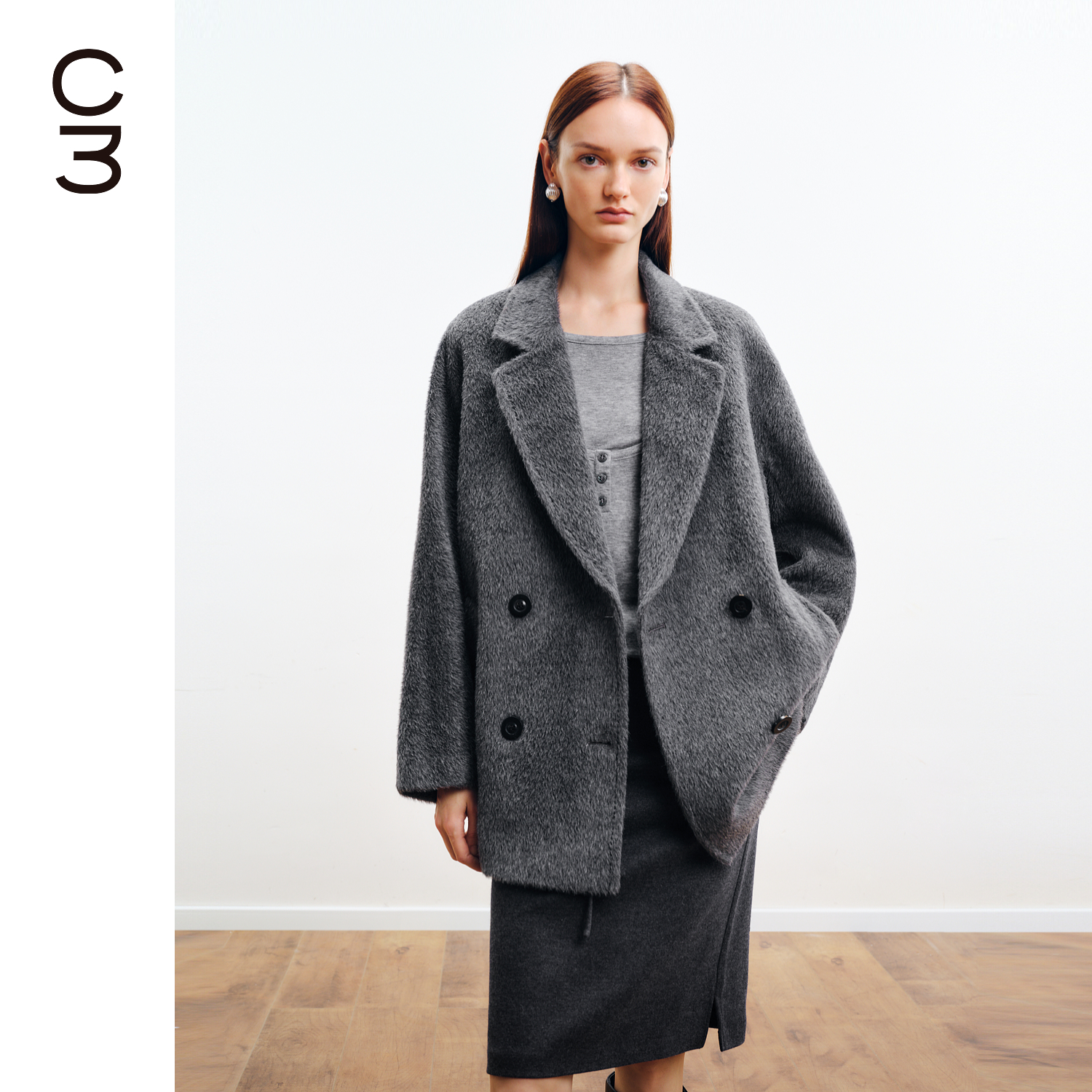 CHICC3阿尔巴卡羊驼毛中长款大衣翻领双排扣廓形羊毛外套秋冬战袍