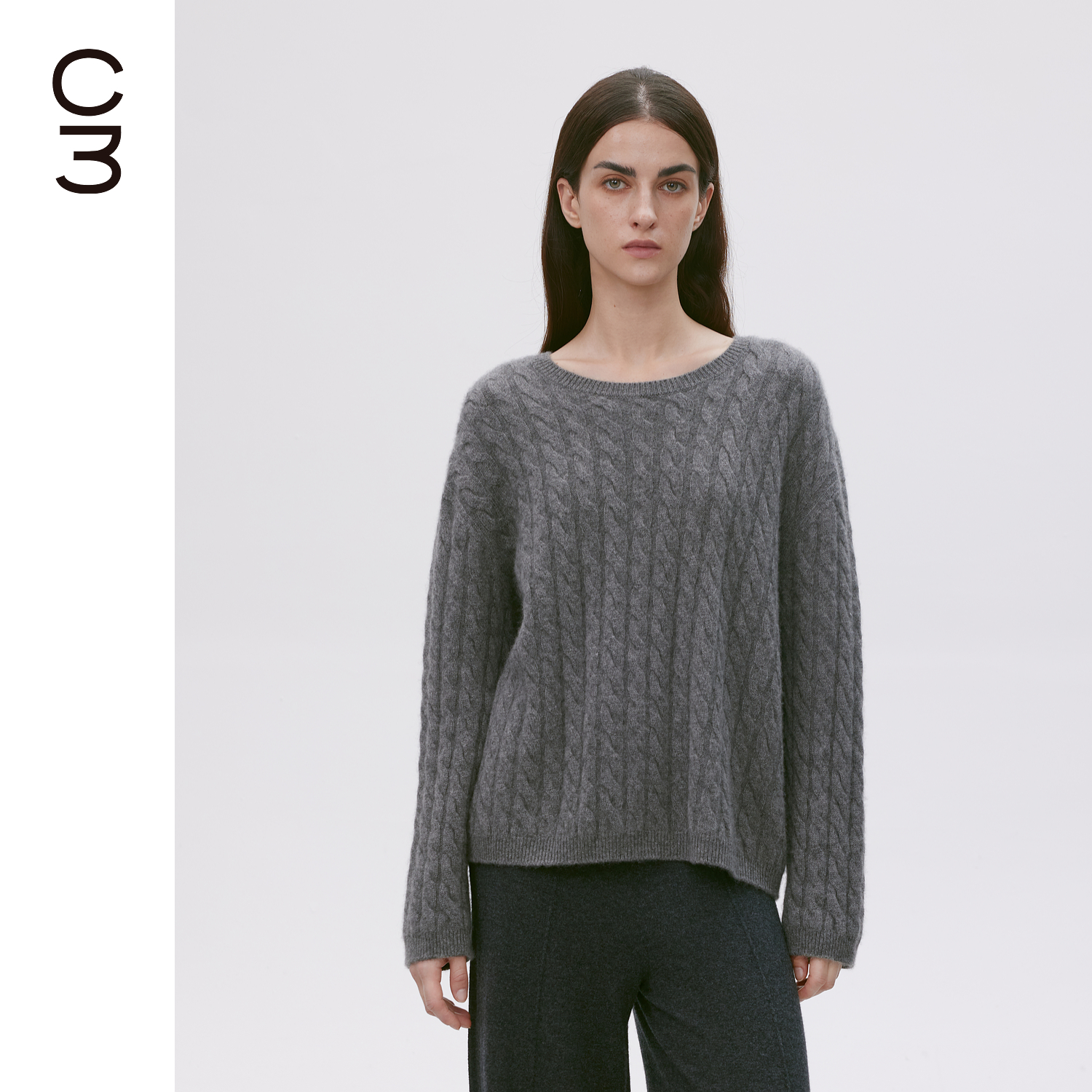 CHICC3 康赛妮纯羊绒纱 北欧风复古绞花随性松弛圆领廓形毛衣