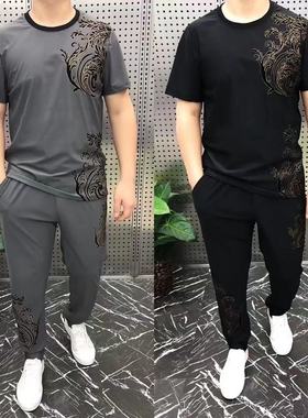 T28025夏季男士商务欧货圆领中国风灰黑色提花侣休闲套装衣裤