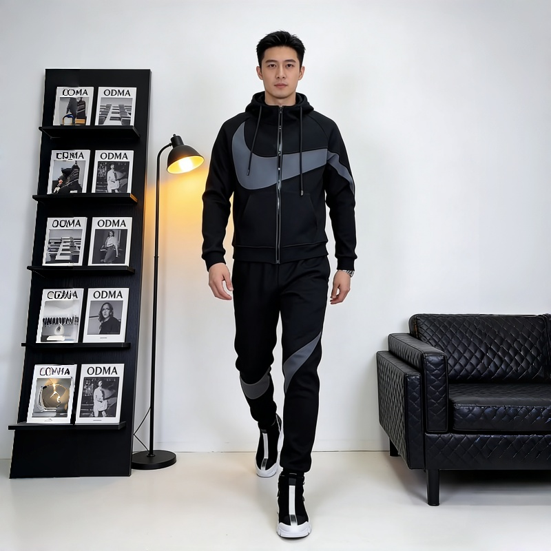 春秋新款男士潮男馆连帽大对号休闲黑色运动服人气潮流开衫套装男