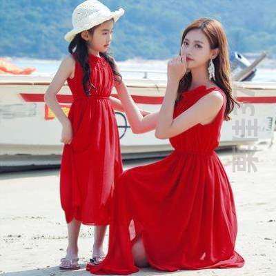 亲子装三亚旅游连衣母子沙滩海边母女夏装度假装裙新款2023!红色