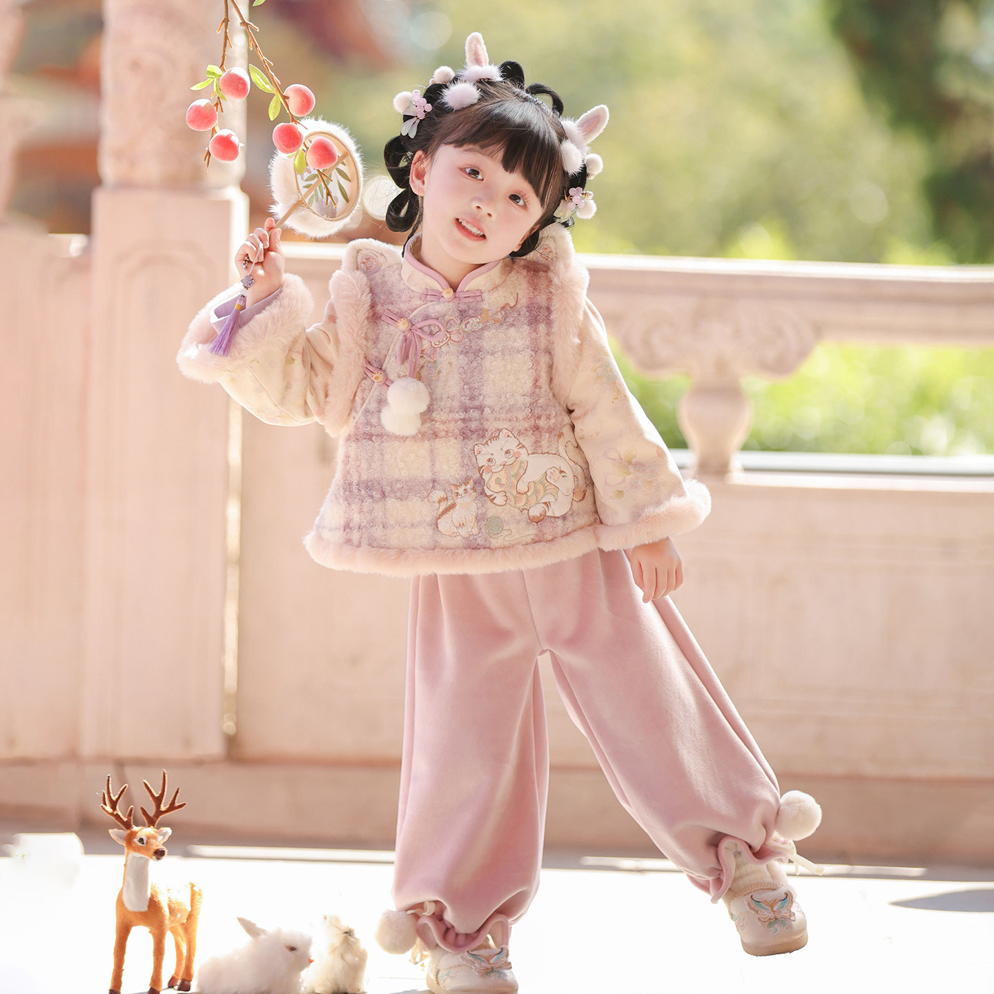 汉服女童2025冬款新中式国风加绒裤子套装儿童高端仙气女孩拜年服