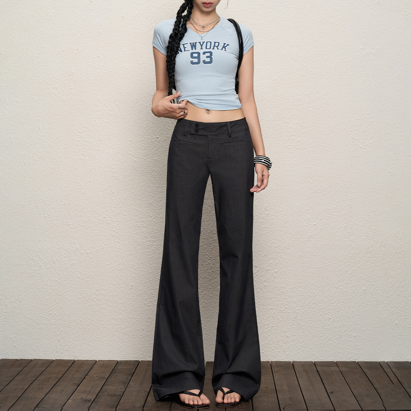 灰色低腰微喇西装裤女202