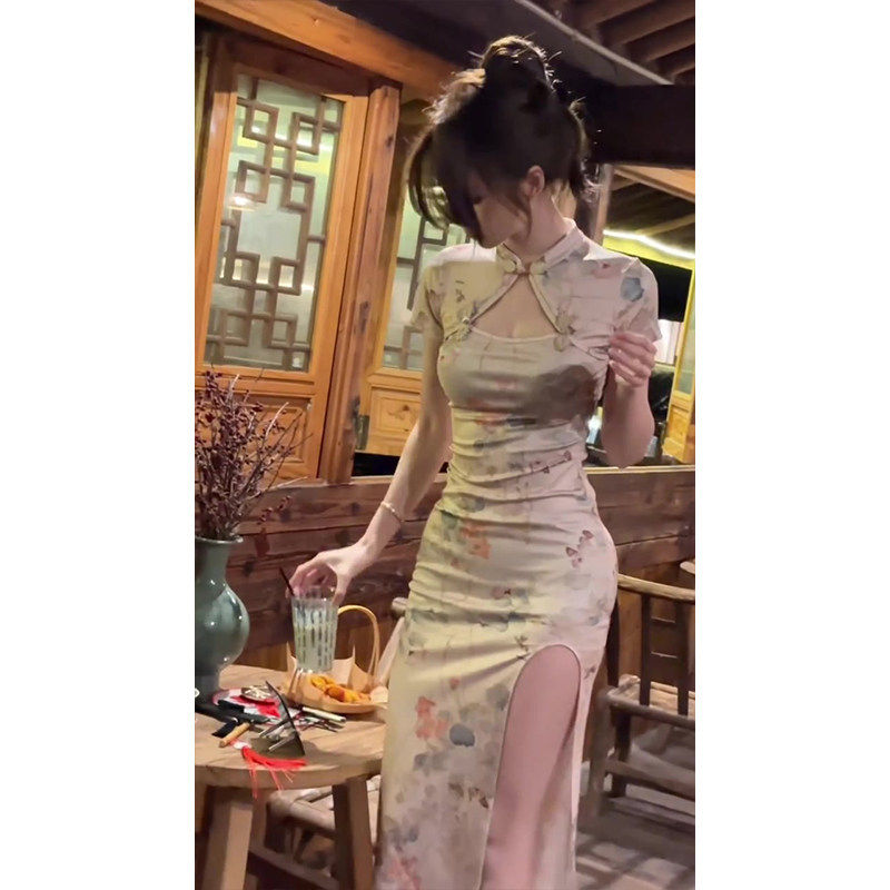 新中式改良国风旗袍短袖连衣裙女夏季纯欲性感紧身包臀开叉长裙子