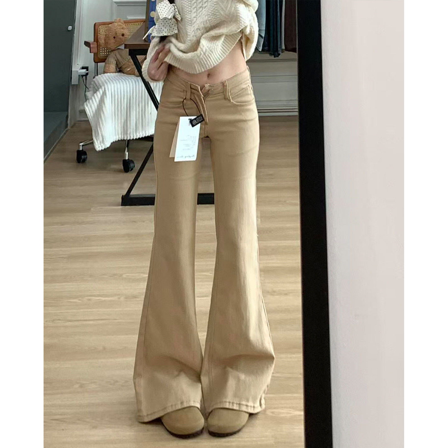卡其色小个子微喇牛仔裤女2026夏季薄款低腰显瘦直筒不贴腿喇叭裤