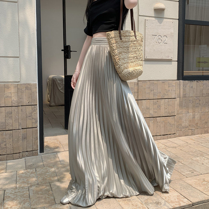 拖地超长裙女气质绝美褶皱半身裙夏季新款垂感顺滑缎面大摆百褶裙