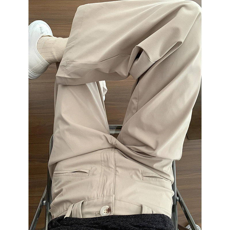 卡其色设计感工装西装裤女夏薄款大码胖mm高腰宽松显瘦阔腿休闲裤