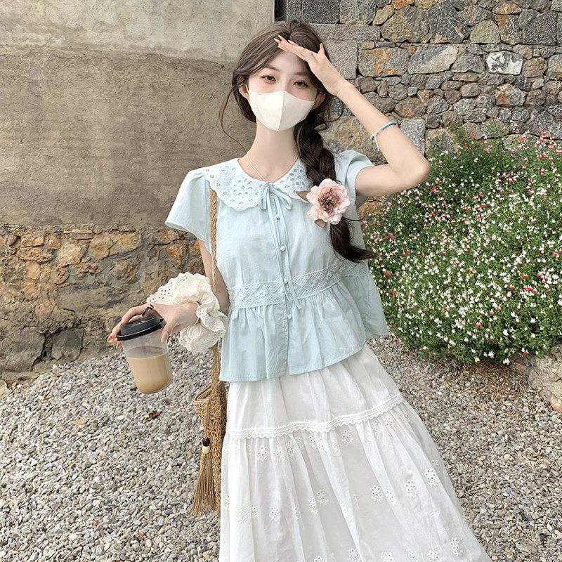 薄荷绿蕾丝棉麻娃娃领短