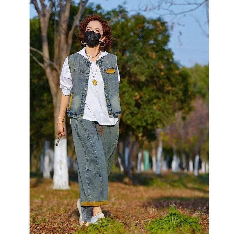 时尚休闲洋气两件套装女春款百搭宽松牛仔马甲+牛仔裤