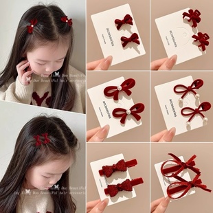 儿童红色蝴蝶结新年发夹女童高级感前额侧边刘海夹子头饰2025新款