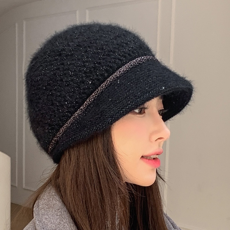 英伦复古保暖针织帽子包头女秋冬天时尚百搭显脸小毛线鸭舌贝雷帽