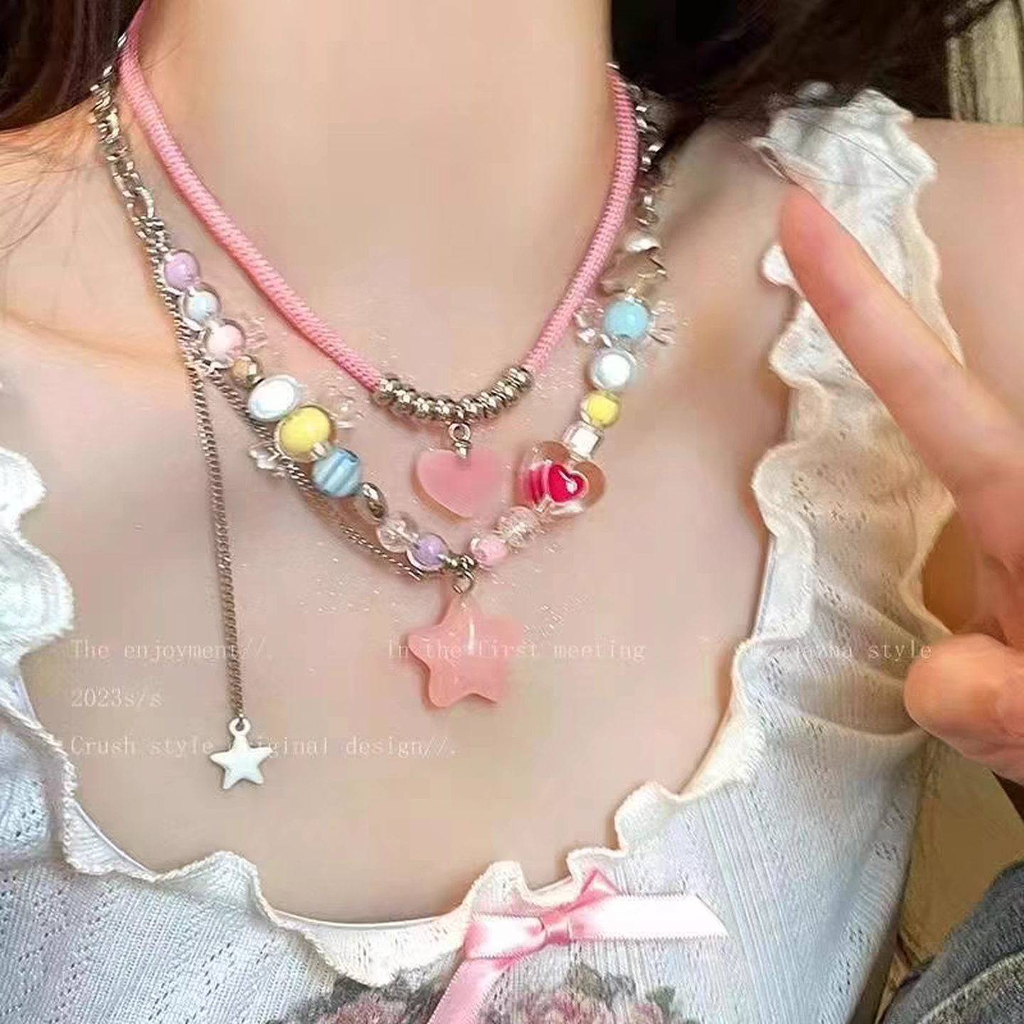 心动少女心糖果色多巴胺串珠星星项链女甜酷辣妹锁骨链y2k配饰品