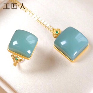 玉匠人 和田玉 碧玉 粉青 鸭蛋青 戒指 吊坠 套装 18K  金镶玉