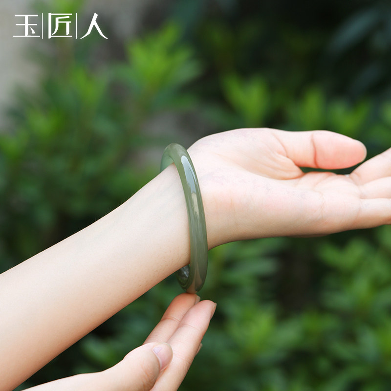 玉匠人 和田碧玉手镯 玉手环 青玉细条手镯女礼物 玉镯子