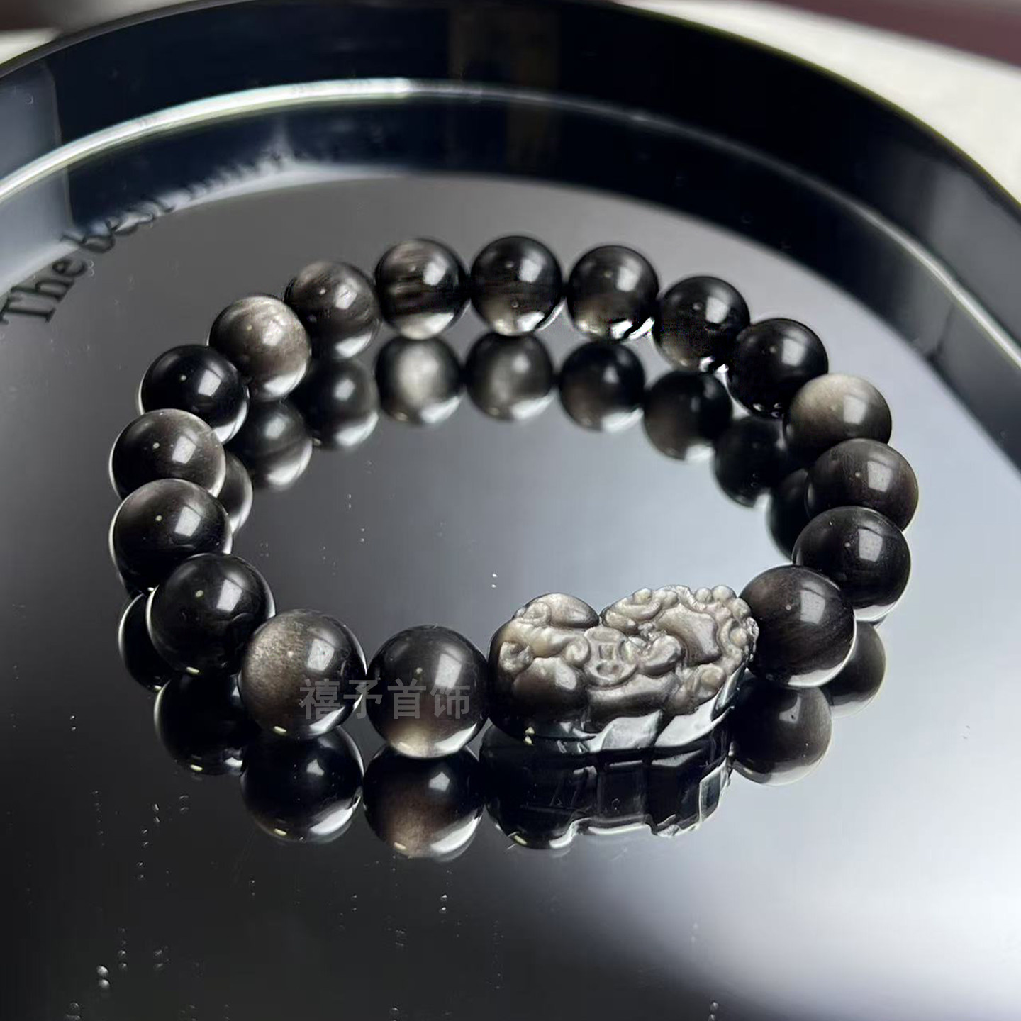 爆款天然银曜石貔貅手串简约显白手链黑曜石单圈招财水晶情侣手链