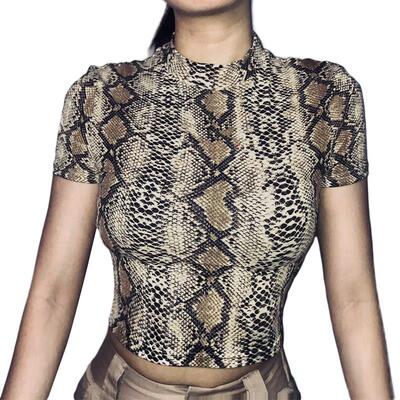 Snake Print Short Sleeve Half High Neck Top印花短袖上衣短款