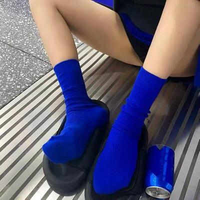 Klein Blue Women Crew Socks KoreanRetro Style Casual Street
