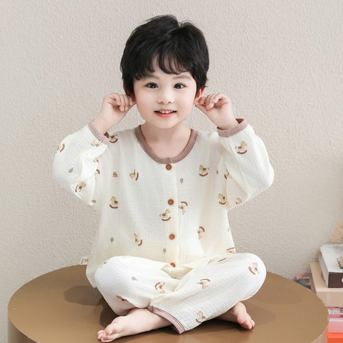 男童睡衣套装休闲开衫春秋长袖长裤新款纱布男宝宝可爱韩版家居服