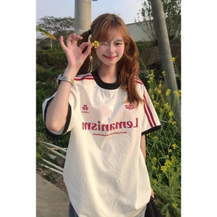 新款 T恤女夏季 230上衣三本针 复古贴布字母刺绣宽松短袖 高级感美式