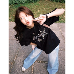新款 T恤女夏季 230上衣三本针 复古贴布字母刺绣宽松短袖 高级感美式