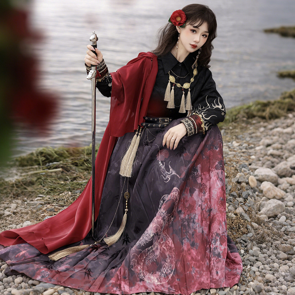 汉服女中国风汉元素上衣半裙腰链项链套装印花均码腰带汉服套装