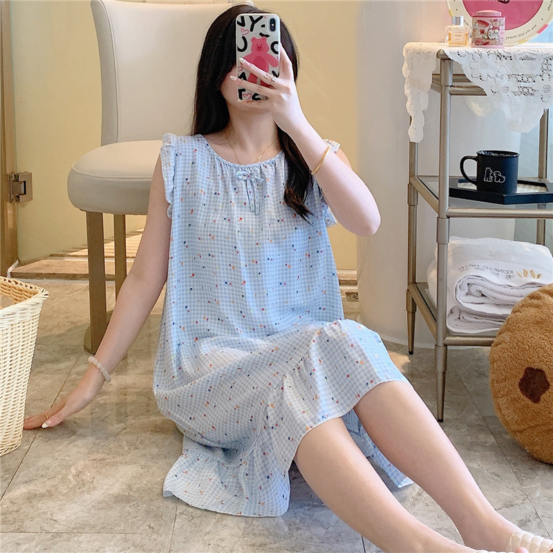 2025韩版公主风连衣裙可爱宽松人造棉家居服棉绸睡裙女夏季薄款