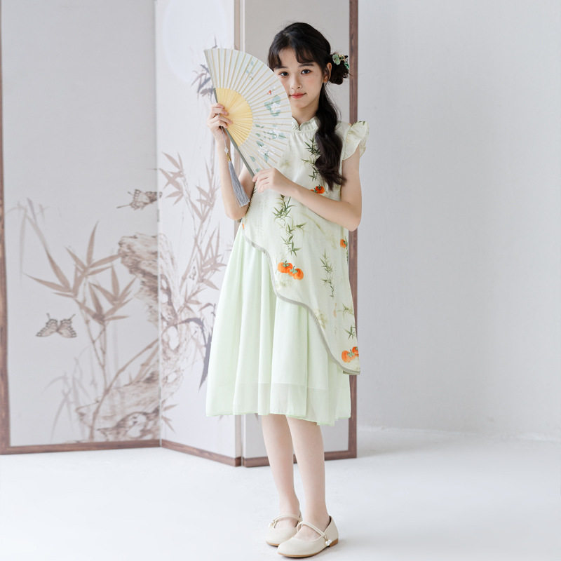 女童新中式旗袍夏季中国风女孩绿色蓬蓬网纱裙印花唐装大童连衣裙