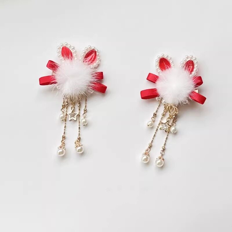 中国风汉服毛球新年发夹冬季兔耳朵毛绒对夹日常头饰古风流苏边夹