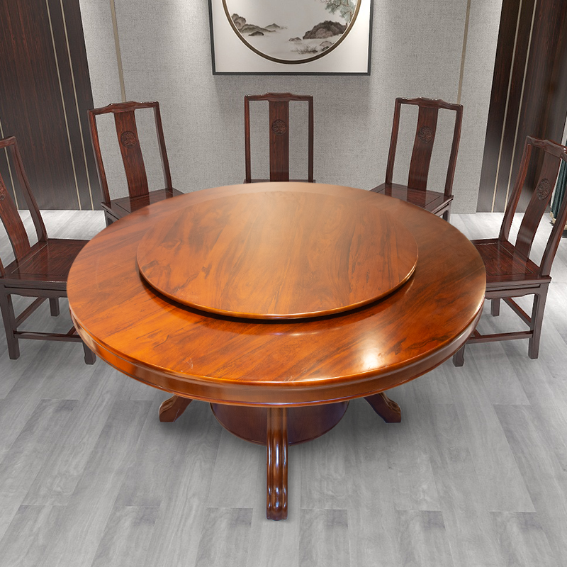 实木餐桌中式大圆桌带转盘可定制橡木岩板桌10人家用圆形吃饭桌子