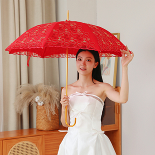 2025结婚红色接亲蕾丝绣花出嫁高级长柄精致秀禾婚伞新娘婚礼双层