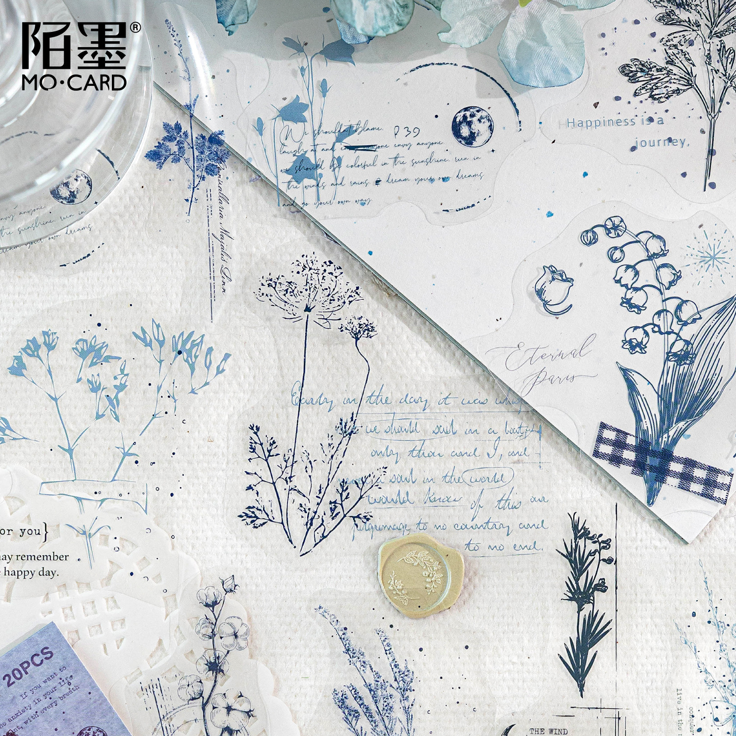 20张防水PET白墨贴纸包 朦胧花草系列花卉主题素材手几点装饰拼贴