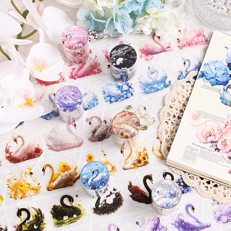 天鹅韵律系列PET防水模切胶带 梦幻清新天鹅花卉手帐装饰素材贴画