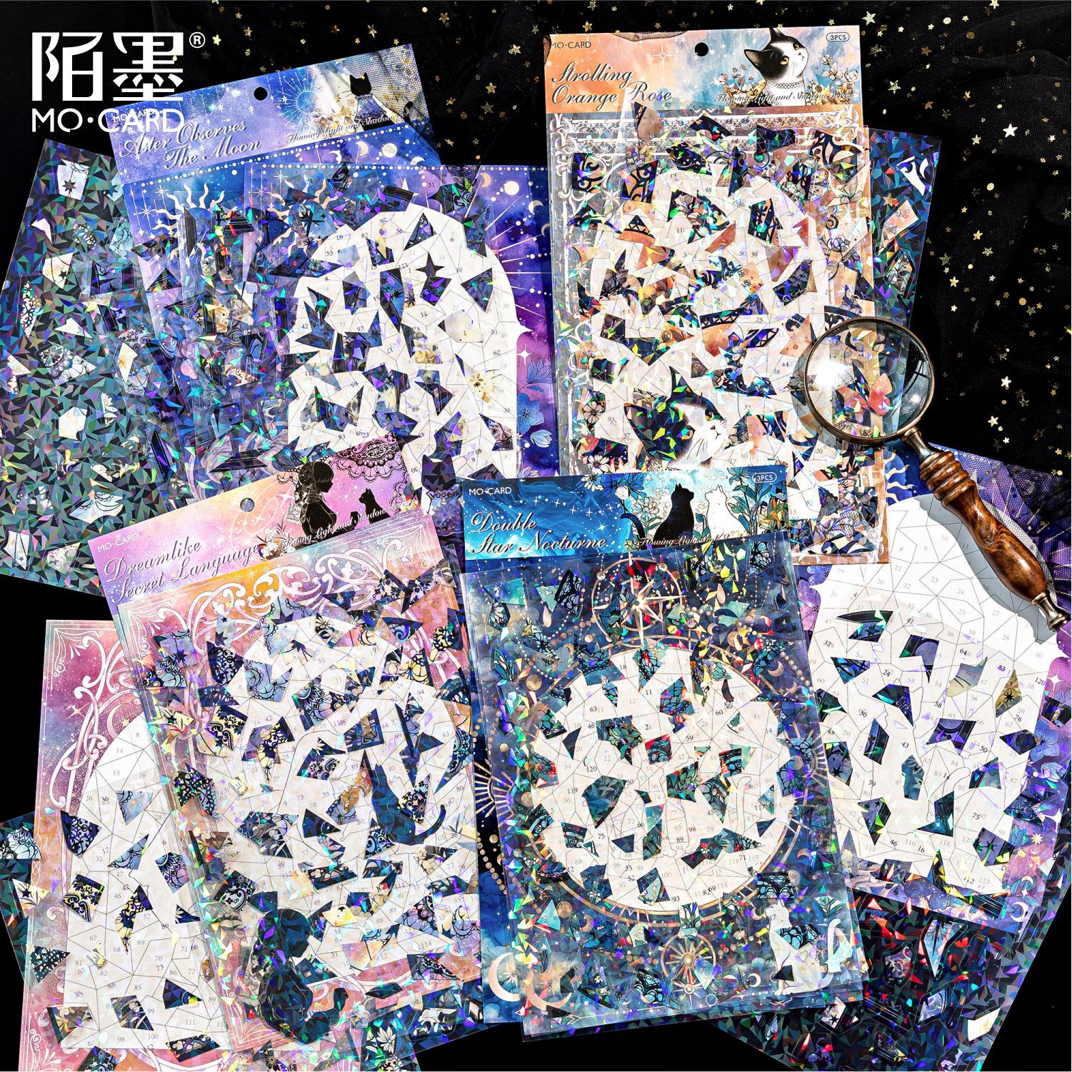 流光暗影系列冰晶PET拼图贴纸3张入 复古小黑猫主题造景手帐贴画