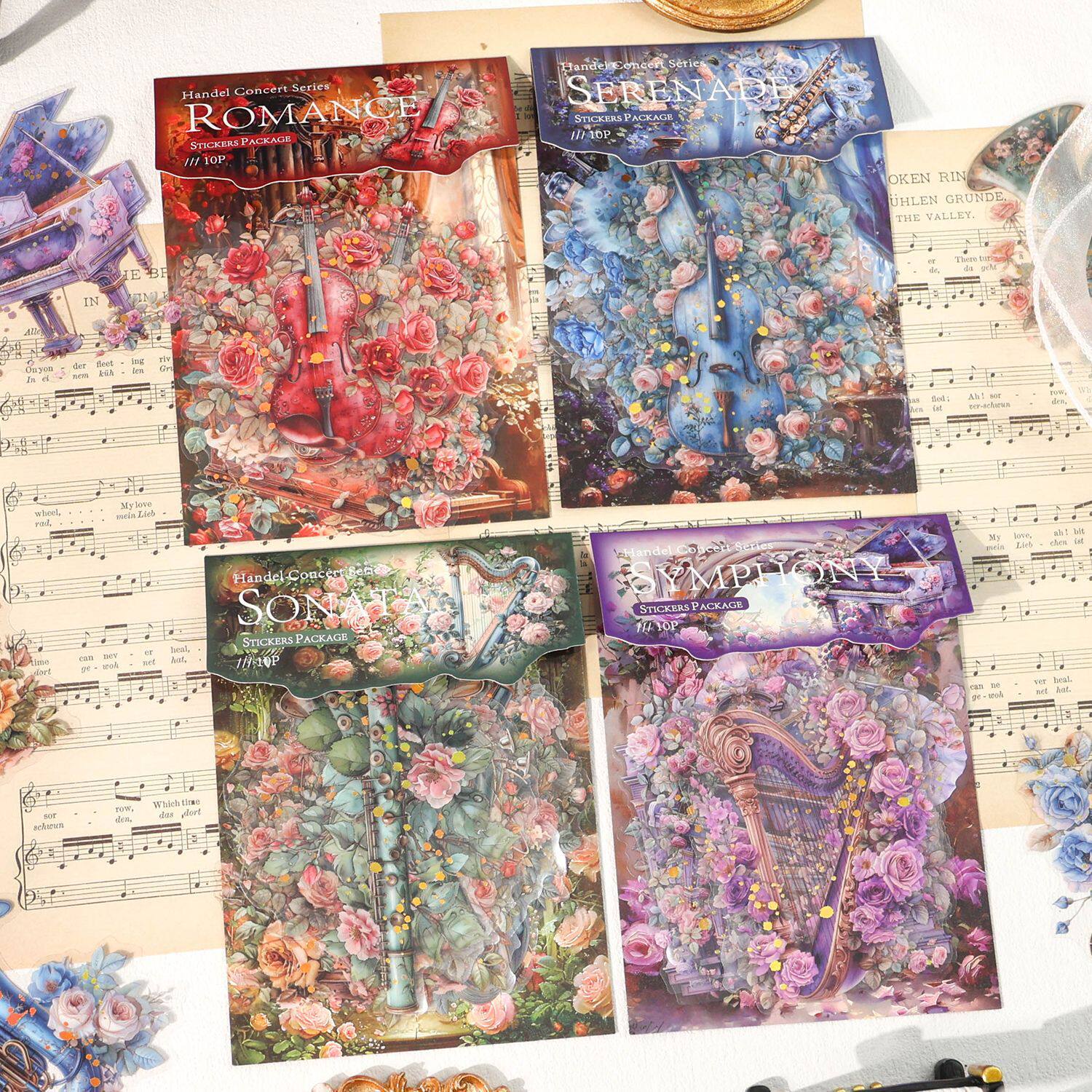 亨德尔乐宴系列贴纸包10张入 文艺复古花卉乐器手帐装饰打底背景