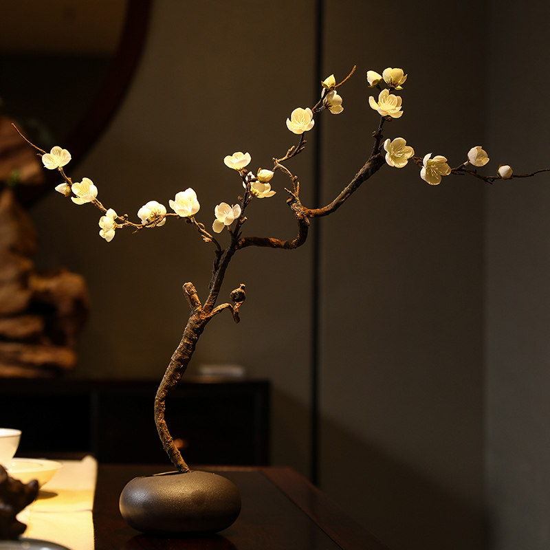 禅意风仿真梅花枝腊梅假花朵摆件绢花束客厅茶几桌面花艺装饰摆设