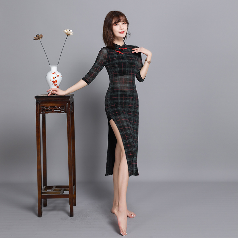 日本无印MUJIE中国风古典民族舞蹈旗袍印花开叉显瘦表演出服弹力