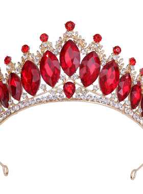 日本品质H1353欧美水晶结婚大皇冠 巴洛克红色头饰婚纱礼服配饰新