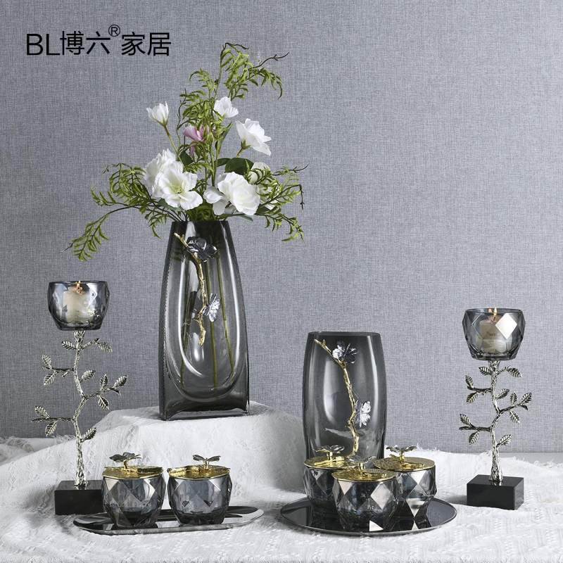 烟灰色玻璃花瓶装饰品金钱树烛台