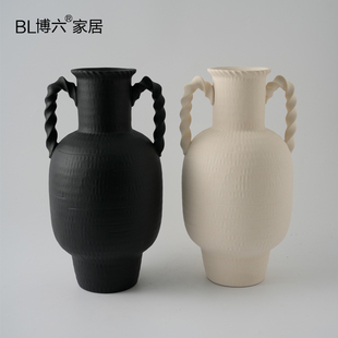 新中式家居装饰品黑色素白色双耳陶瓷大花瓶摆件客厅插花复古花器