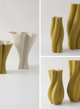 简约现代3D打印陶瓷花瓶轻奢桌面创意艺术摆设黄色插花器装饰摆件
