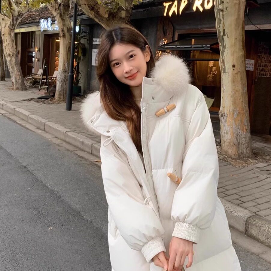 2026新款狐狸毛领派克羽绒服女中长款牛角扣加厚冬季外套高级感