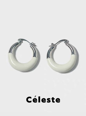 Céleste 白色珐琅拼接圆圈耳环女小众设计简约百搭S925银针耳圈
