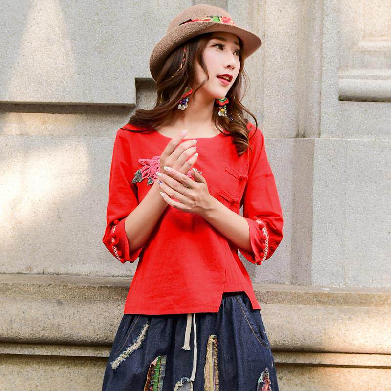 实拍0127玫瑰花刺绣民族中国风女装秋季新款改良旗袍T恤女麻棉上|msdalam kategori Butik wanita / wanita, shirt - dari Buy2taobao.com untuk memberikan perkhidmatan ejen Taobao profesional membeli